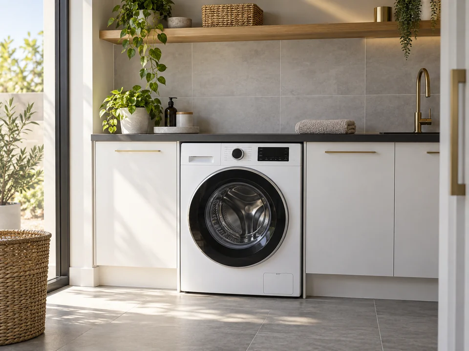 Illustrative washing machine installation in a laundry