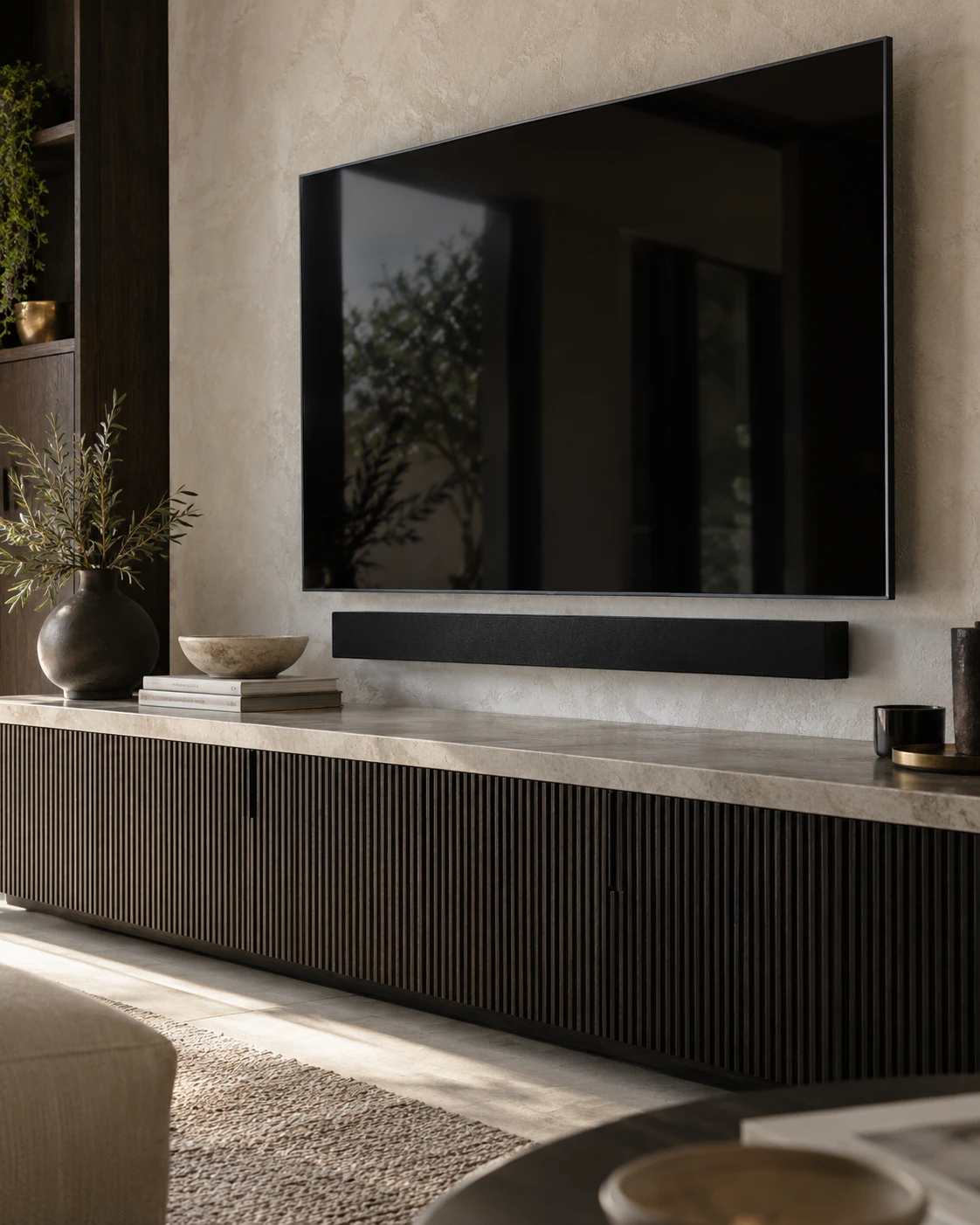 Illustrative television and soundbar installation with detailed joinery