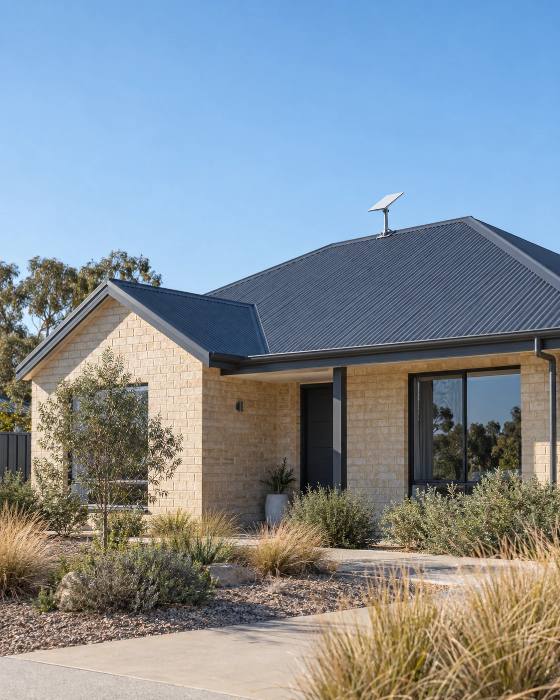 Illustrative Western Australian home with a charcoal metal roof and satellite dish