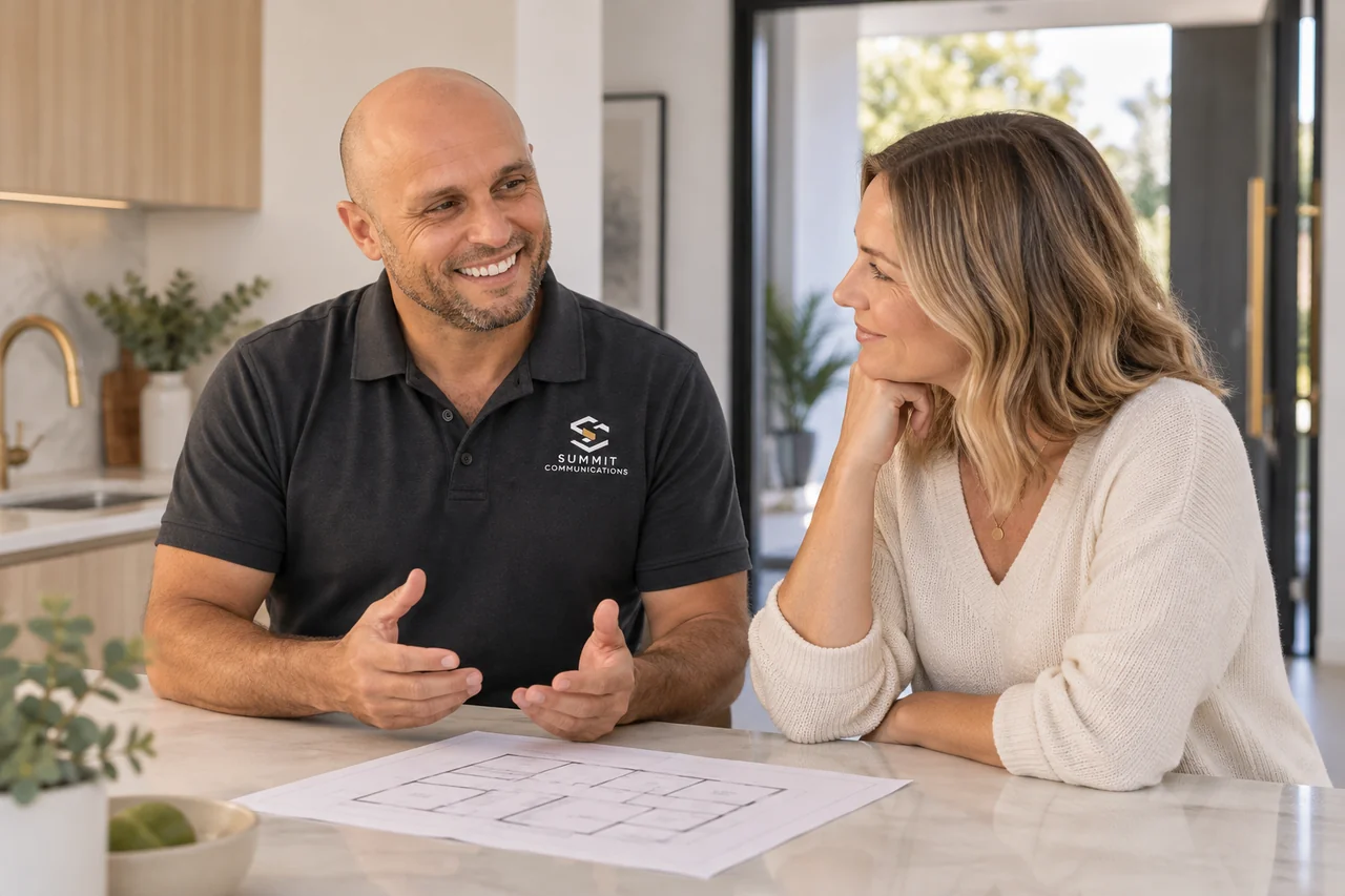 Illustrative scene of Gary Cochrane discussing installation plans with a homeowner