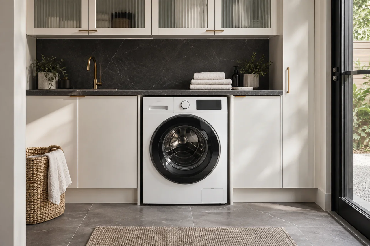 Illustrative washing machine installation in a laundry
